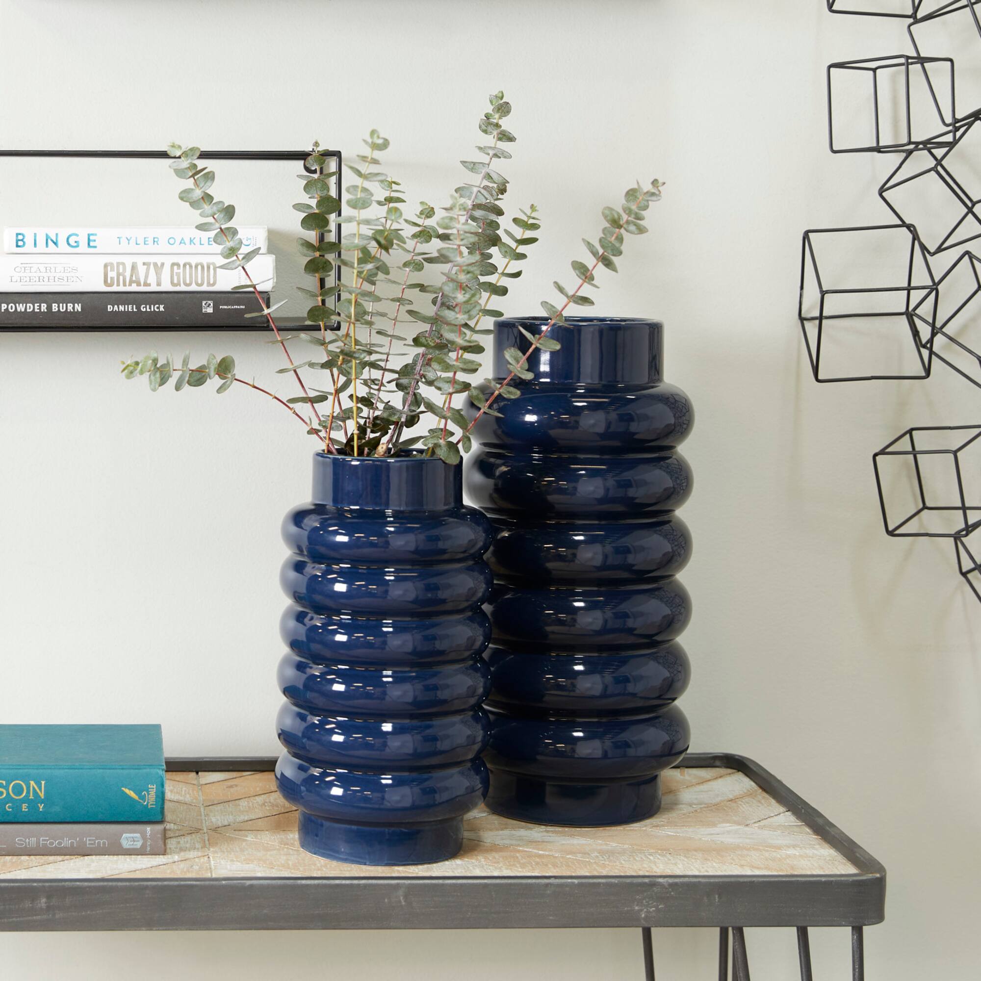 Dark Blue Ceramic Modern Vase, Set of 2" 16", 12"